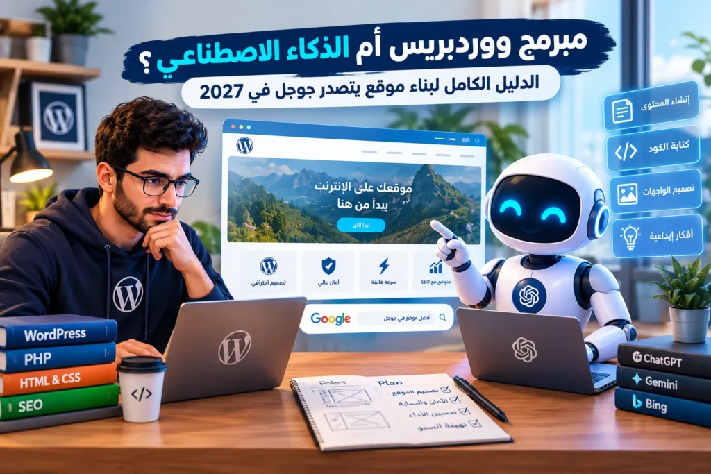 مبرمج ووردبريس أم الذكاء الاصطناعي؟ الدليل الكامل لبناء موقع يتصدر جوجل في 2027