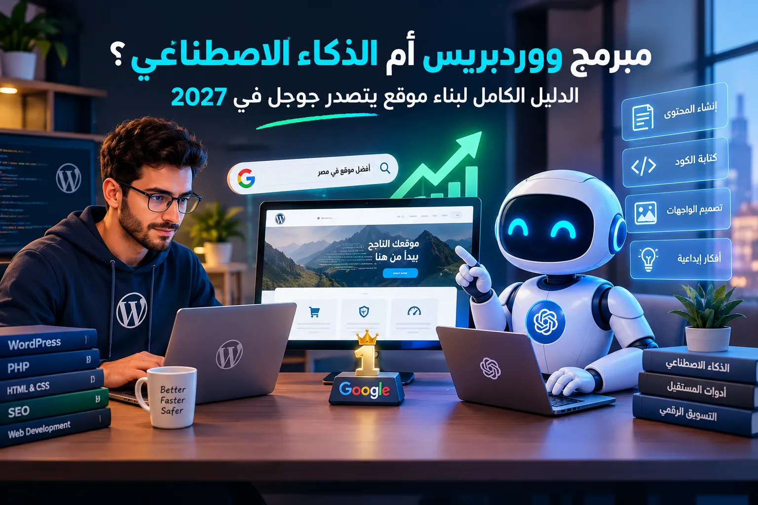 مبرمج ووردبريس أم الذكاء الاصطناعي؟ الدليل الكامل لبناء موقع يتصدر جوجل في 2027