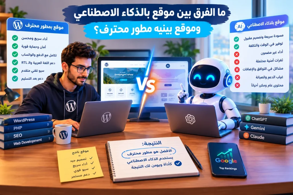 مبرمج ووردبريس أم الذكاء الاصطناعي؟ الدليل الكامل لبناء موقع يتصدر جوجل في 2027